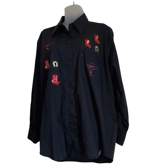 Afiva Tops - Afiva Womens Black Western Embroidered Button Down Shirt Cowboy Boots Hat‎ L